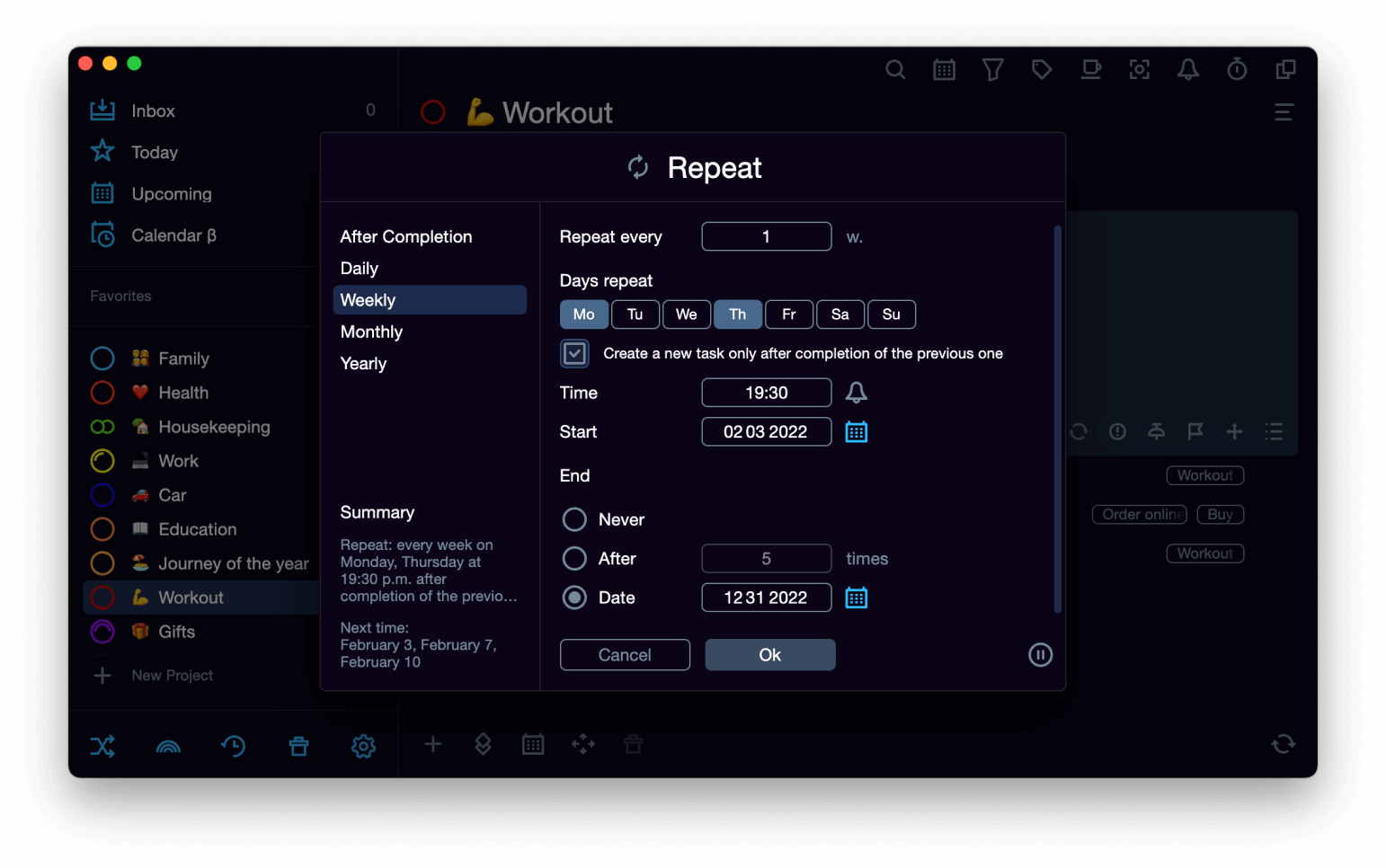 Recurring tasks settings
