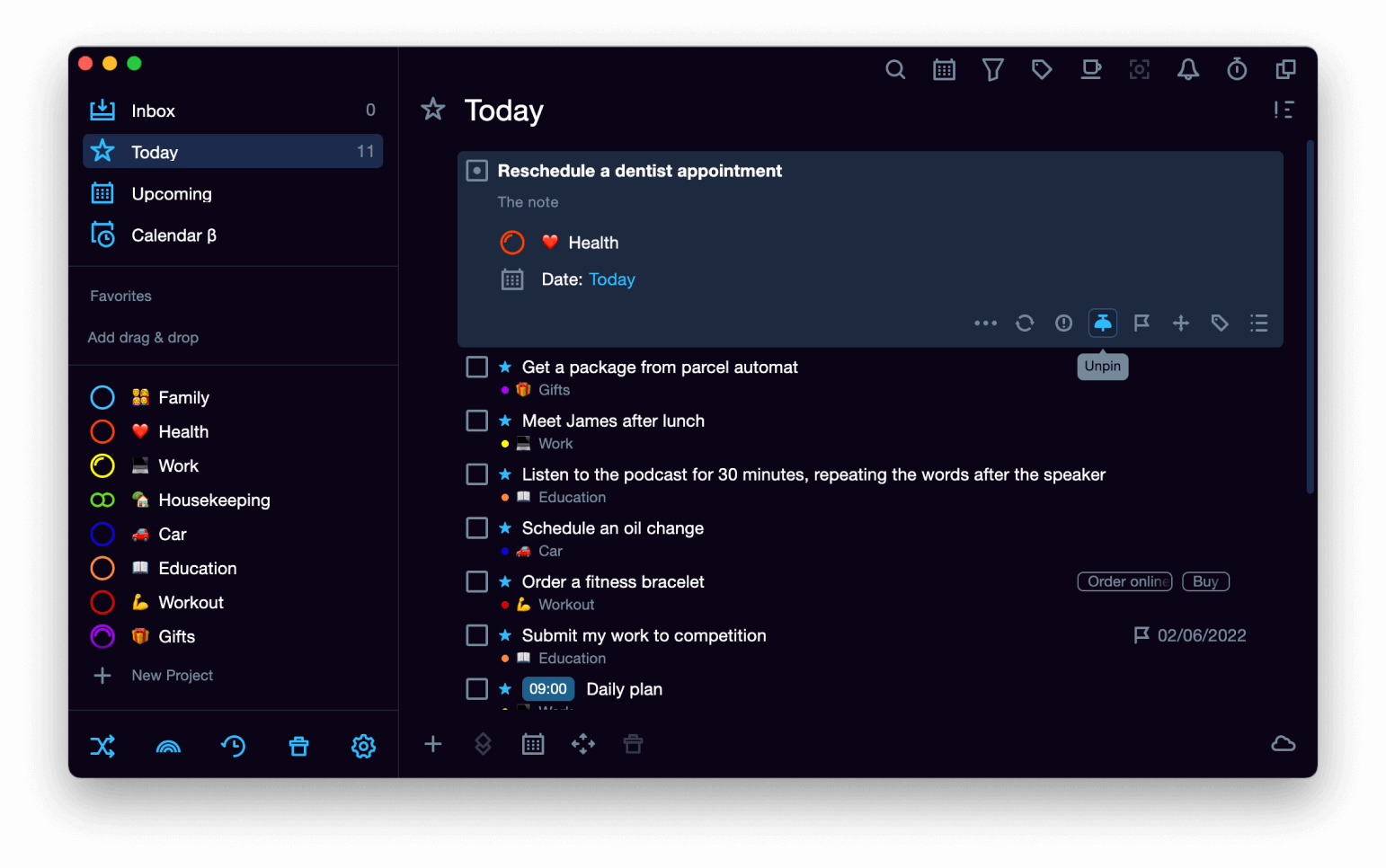 Pinned tasks