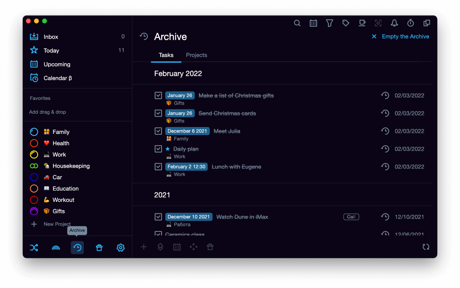 Projects and tasks archive